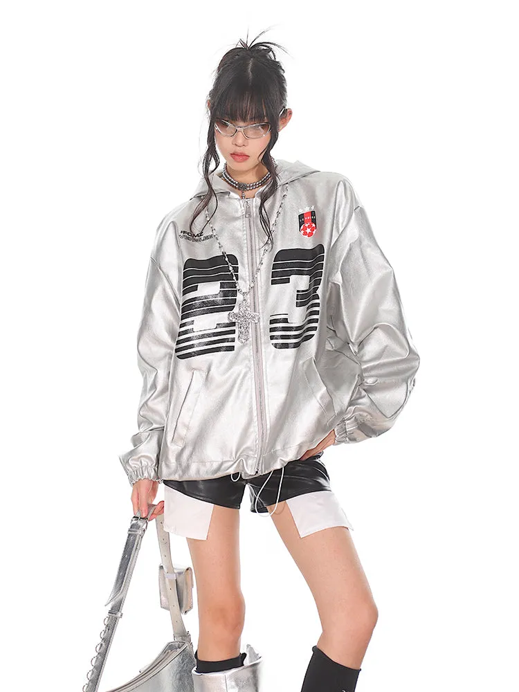 【24s Sep.】Vintage PU Leather Silver Hooded Baseball Jacket