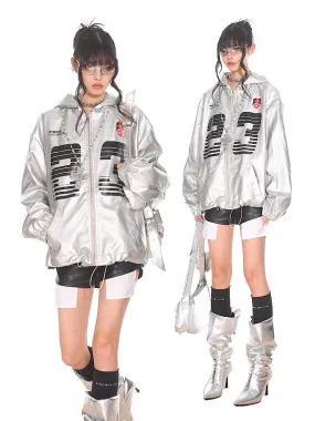 【24s Sep.】Vintage PU Leather Silver Hooded Baseball Jacket