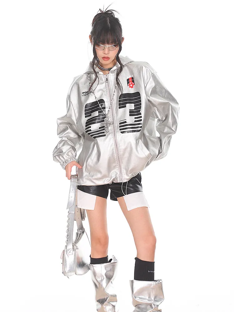 【24s Sep.】Vintage PU Leather Silver Hooded Baseball Jacket