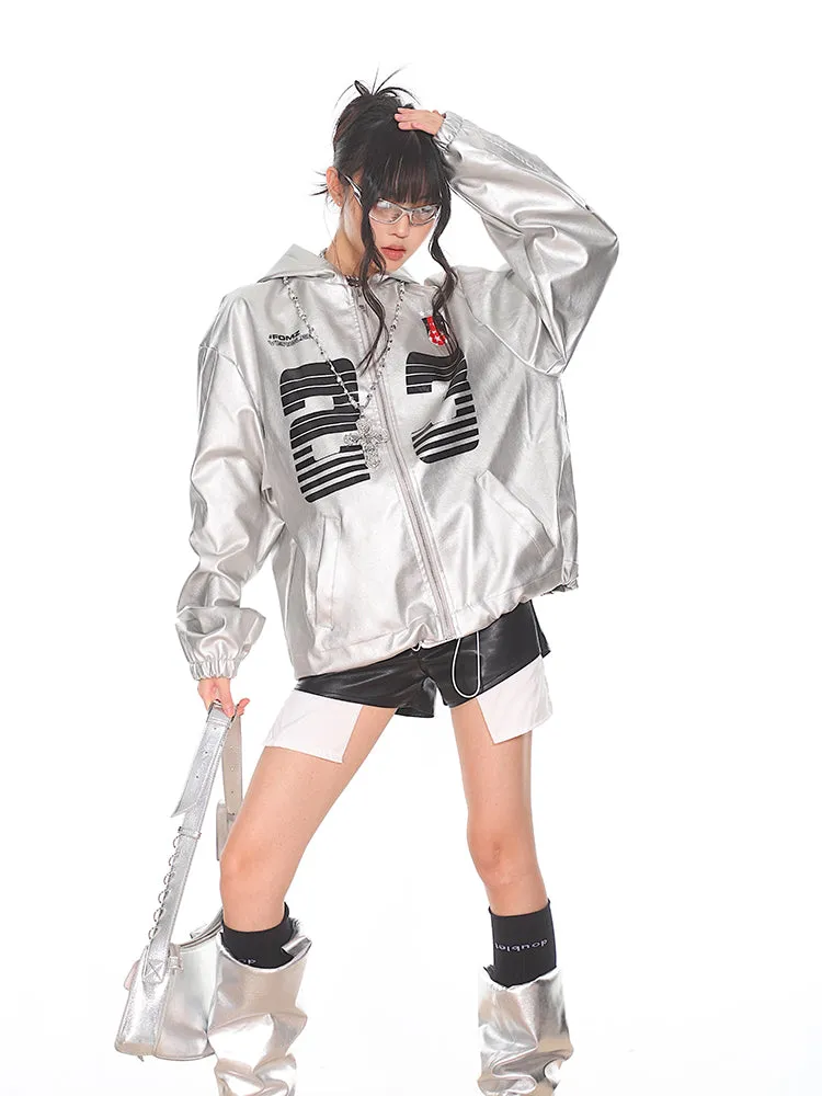 【24s Sep.】Vintage PU Leather Silver Hooded Baseball Jacket