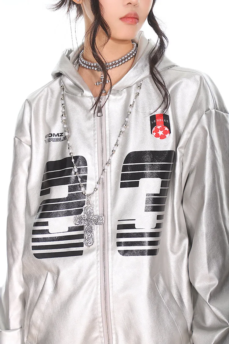 【24s Sep.】Vintage PU Leather Silver Hooded Baseball Jacket