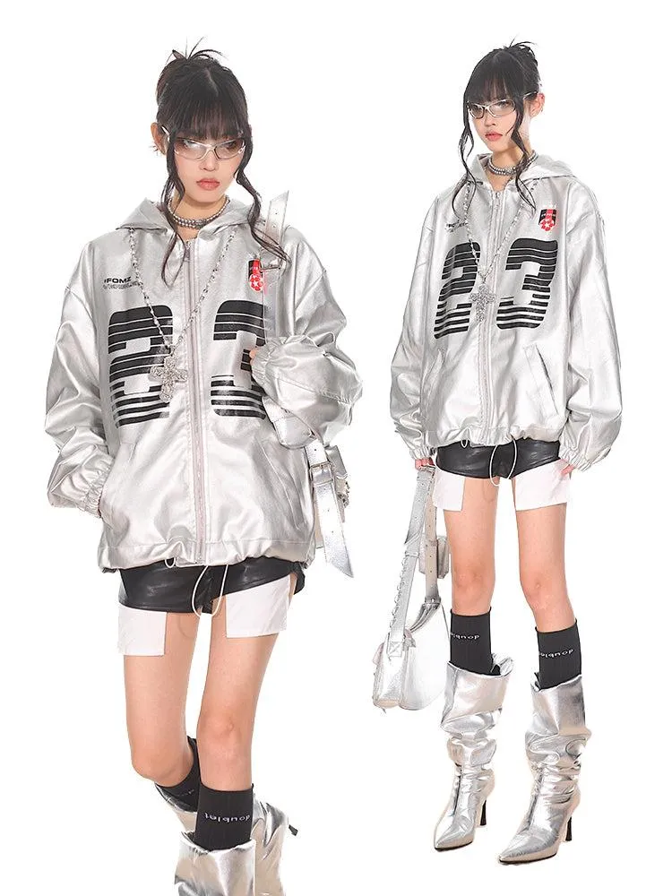 【24s Sep.】Vintage PU Leather Silver Hooded Baseball Jacket