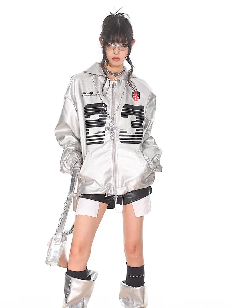 【24s Sep.】Vintage PU Leather Silver Hooded Baseball Jacket