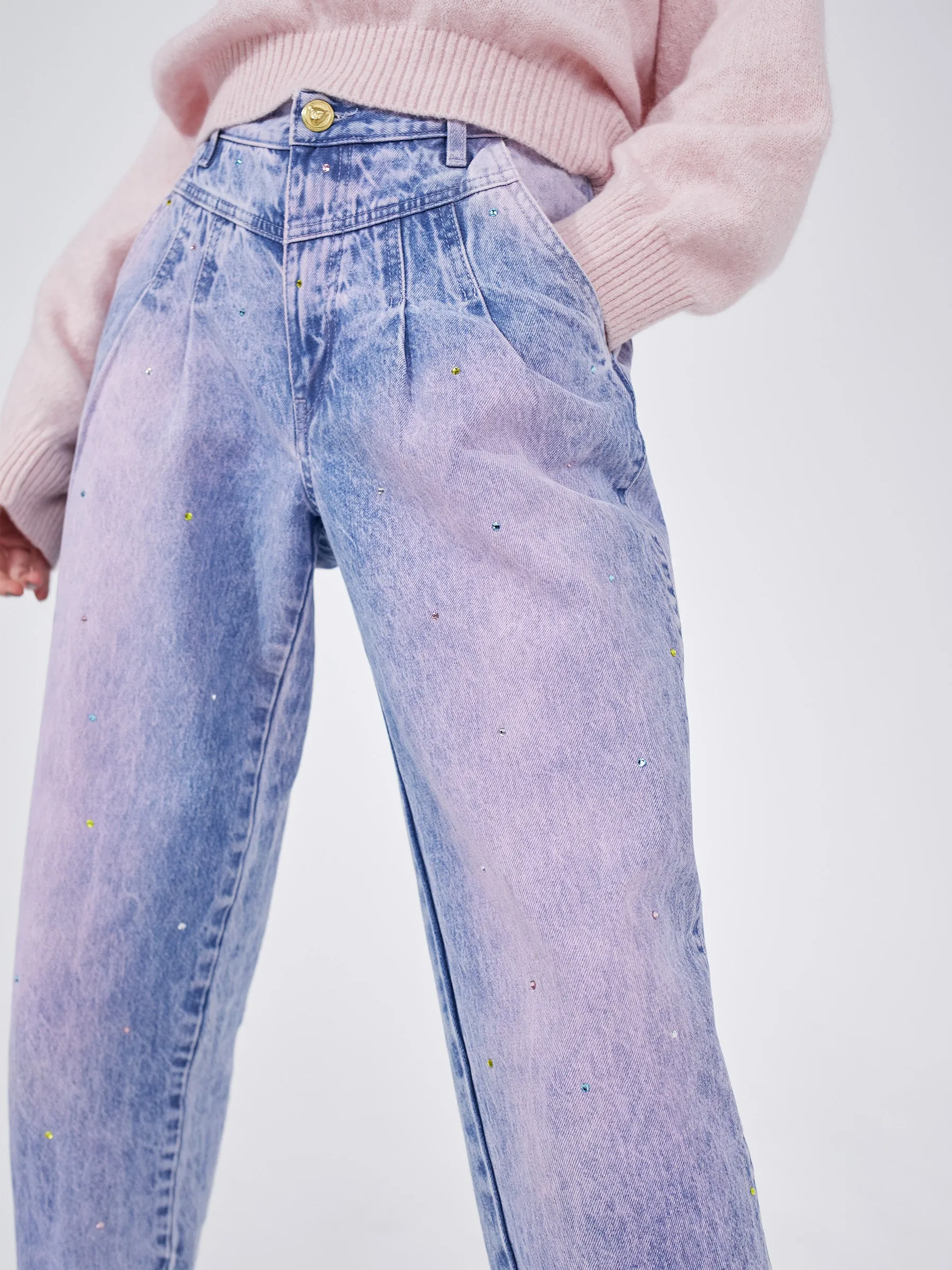 Acid Wash Crystal Vintage Tapered Jeans