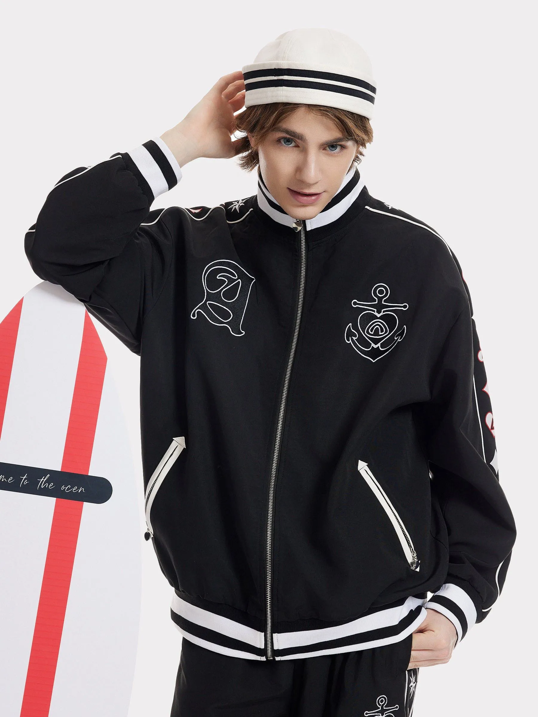 Aelfric Eden Embroidery Ship Anchor Bomber Jacket