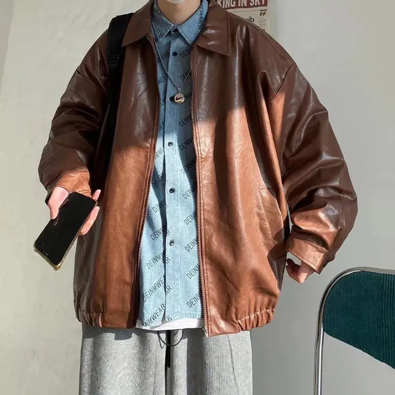 Aidase Pu Leather Jacket Men Brown Retro Motorcycle Jacket Autumn Korean Fashion Fried Street Loose Zipper Bomber Jacket Learher Coats