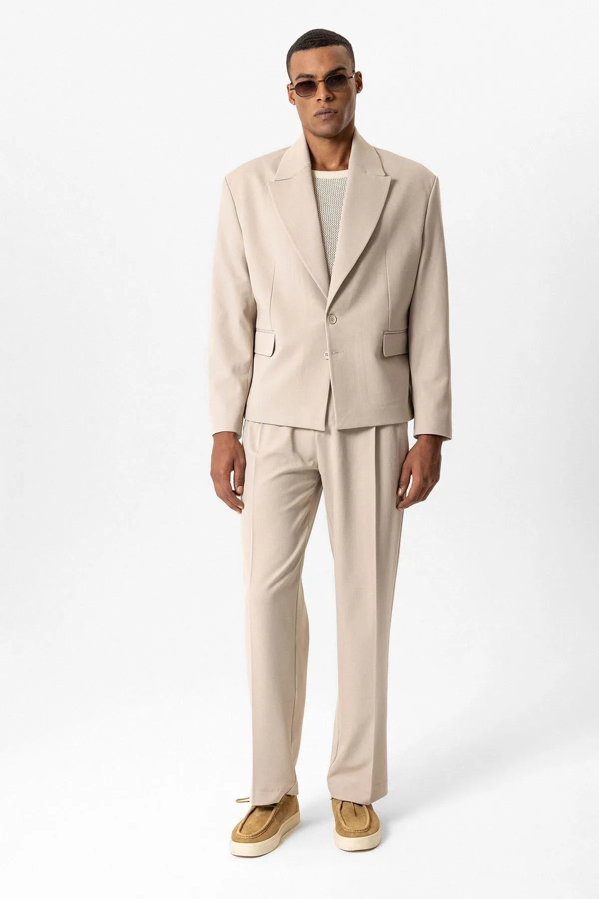 Beige Crop Fit Men's Blazer Jacket - Wessi