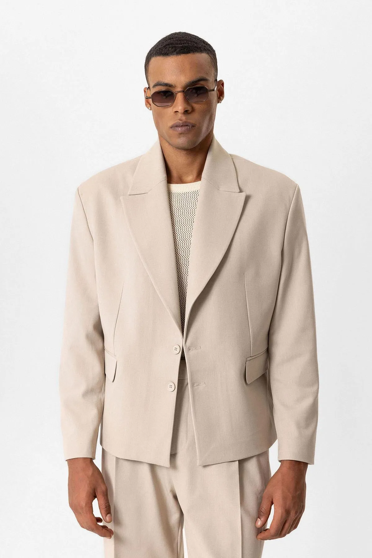 Beige Crop Fit Men's Blazer Jacket - Wessi