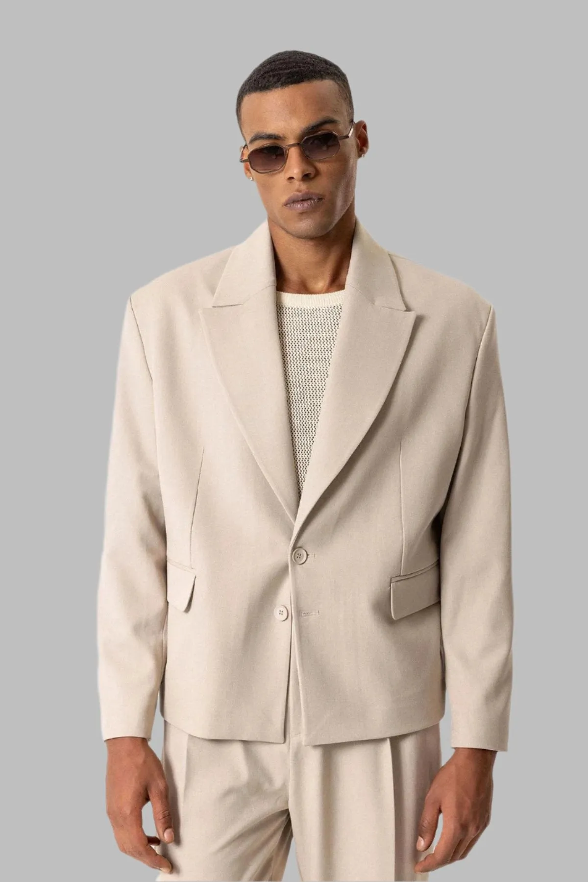 Beige Crop Fit Men's Blazer Jacket - Wessi