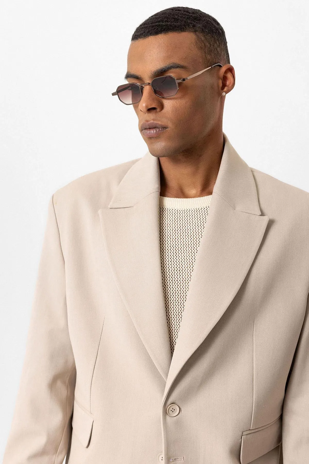 Beige Crop Fit Men's Blazer Jacket - Wessi