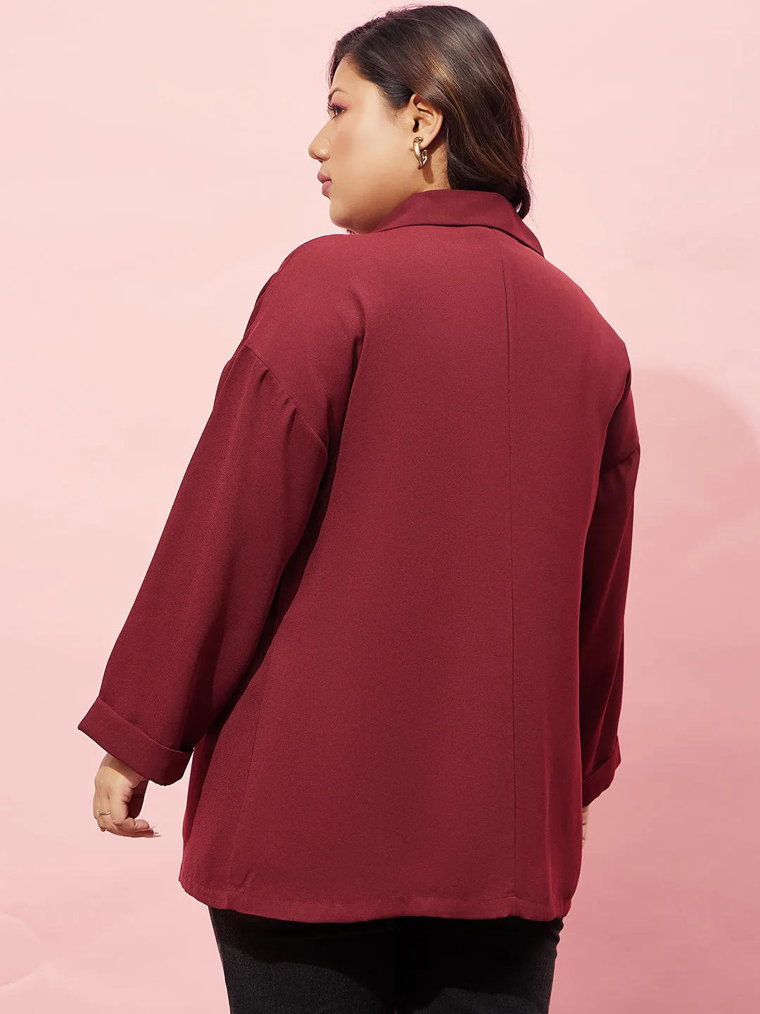 Berrylush Women Plus Size Solid Maroon Notched Lapel Neck Long Sleeve Open Front Longline Blazer