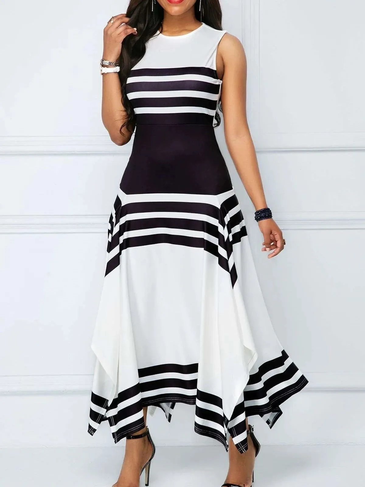 Black and White Asymmetric Boho Sumner Dress, Bohemian Dress For Women