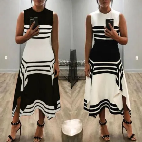 Black and White Asymmetric Boho Sumner Dress, Bohemian Dress For Women