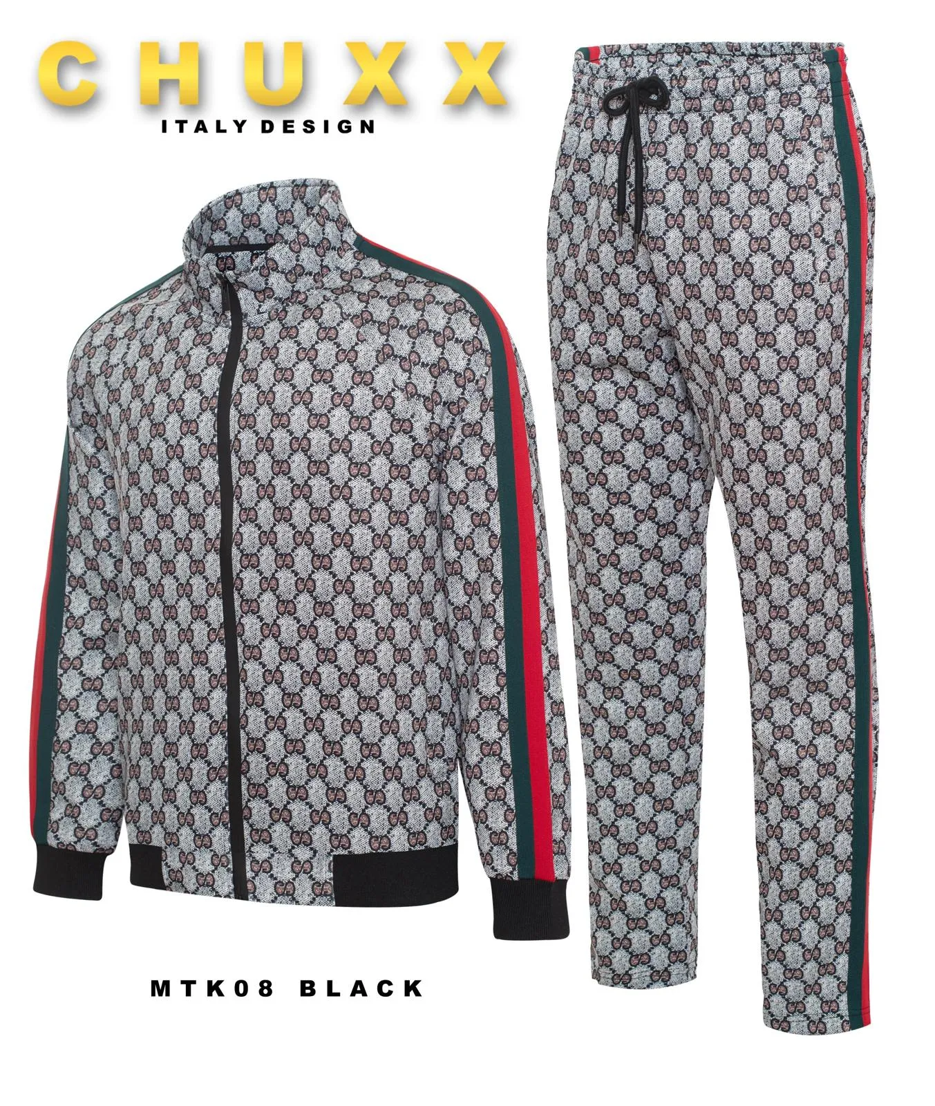 Black Men's Tracksuit Jogging 2-Pieces Set Printed Material Red and Green Strips Style No: MTK08