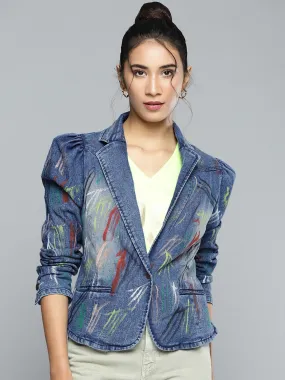 Blue Denim Blazer With Paint Spaltter