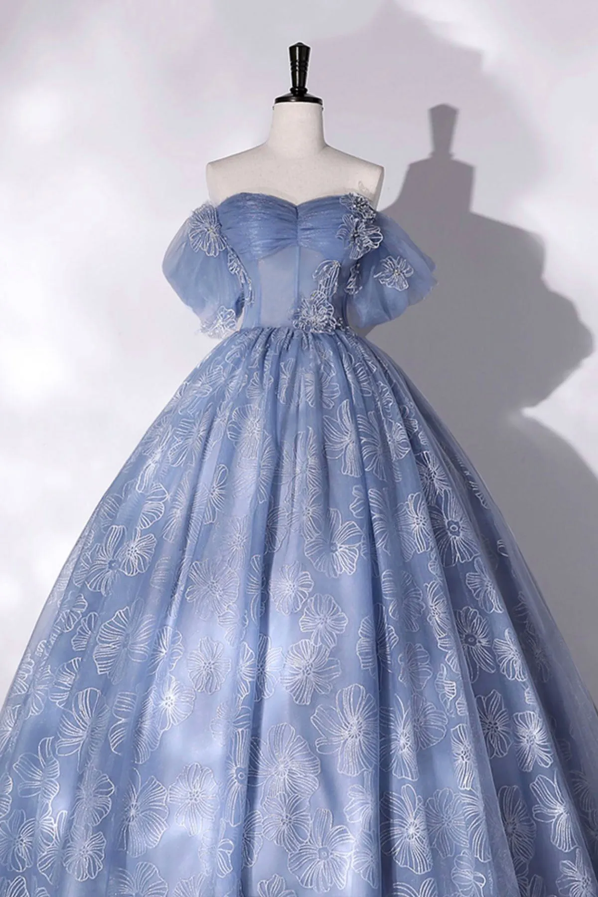 Blue Tulle Lace Long Ball Gown, Off the Shoulder Formal Evening Gown