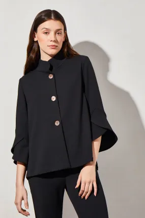 Button-Front Bell Sleeve Deco Crepe Jacket, Black