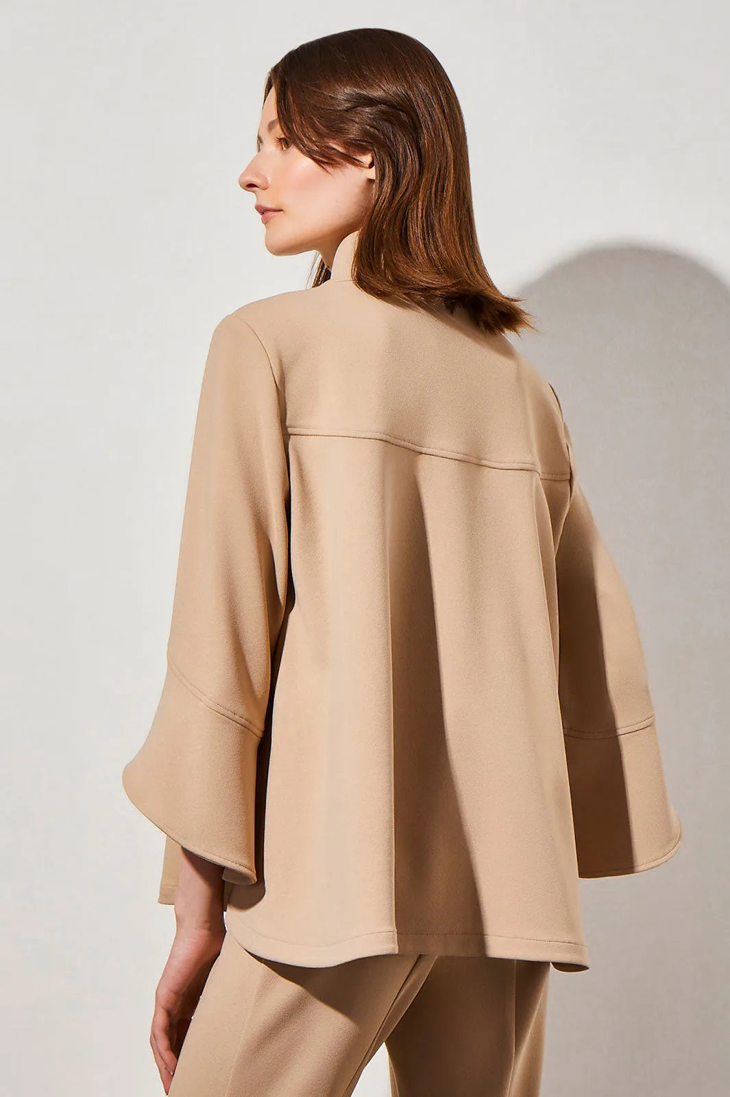 Button-Front Bell Sleeve Deco Crepe Jacket, Dark Champagne