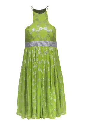 Catherine Malandrino - Chartreuse Chiffon Babydoll Dress w/ Silver Swirl Pattern Sz 4