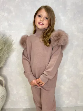 Childrens Taupe Luxury Fur Roll Neck Jogger Tracksuit