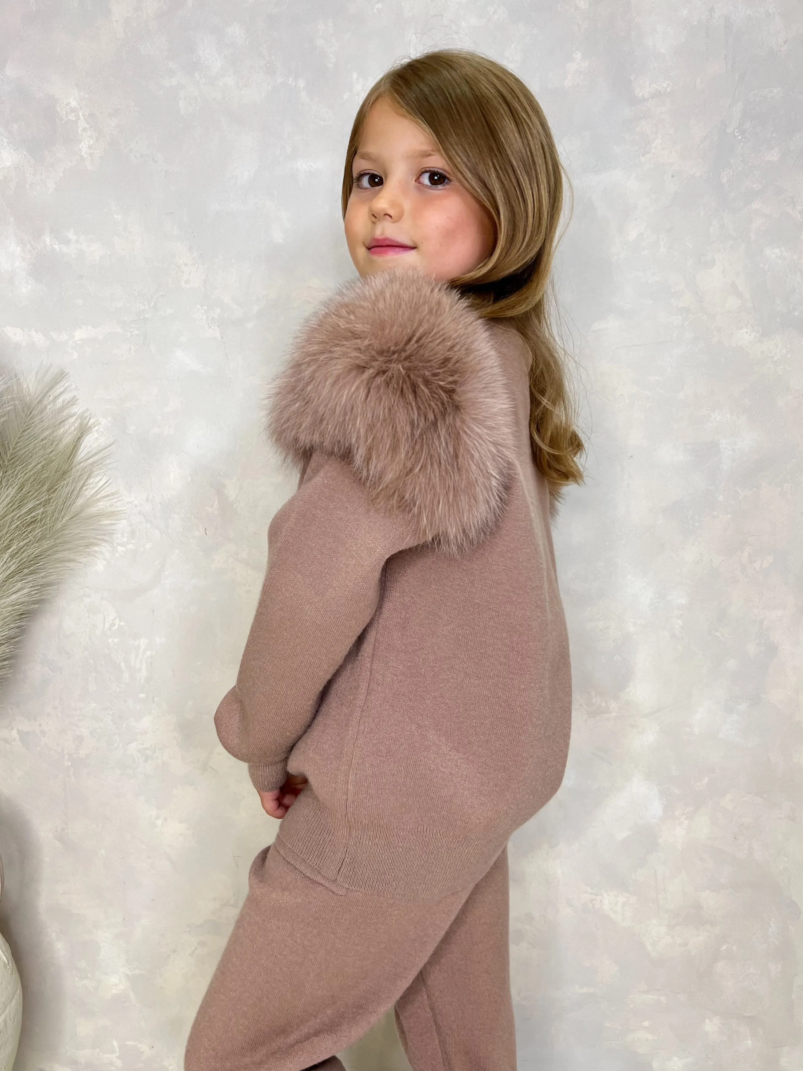 Childrens Taupe Luxury Fur Roll Neck Jogger Tracksuit