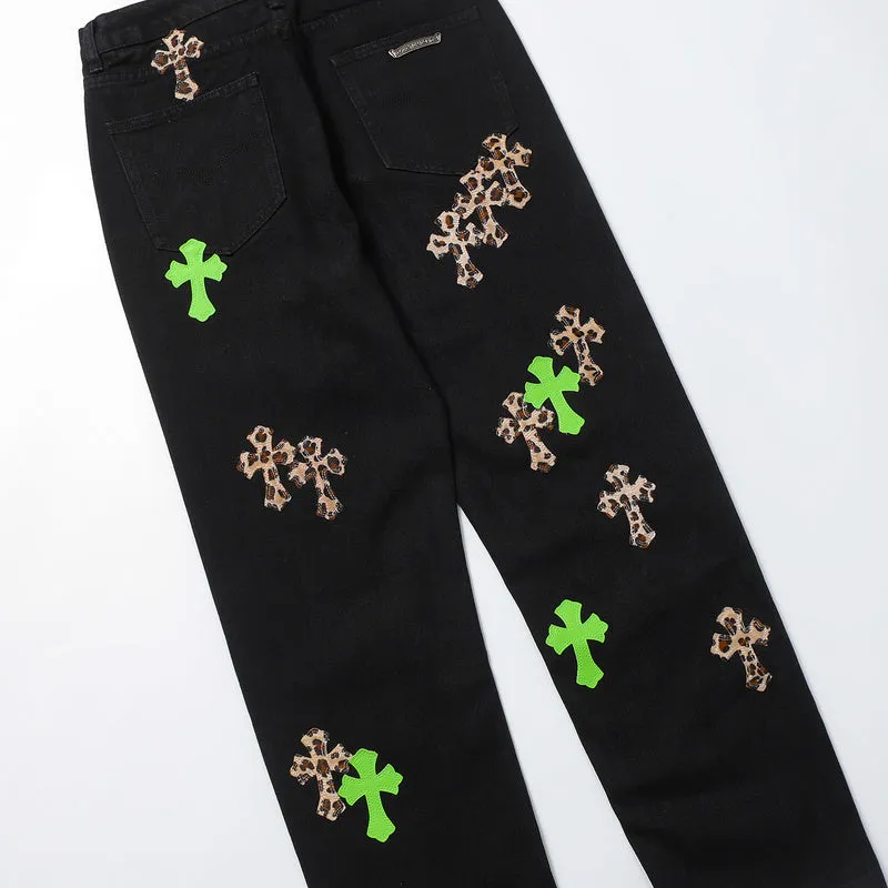 CHROME HEARTS JEANS BLACK GREEN LEOPARD