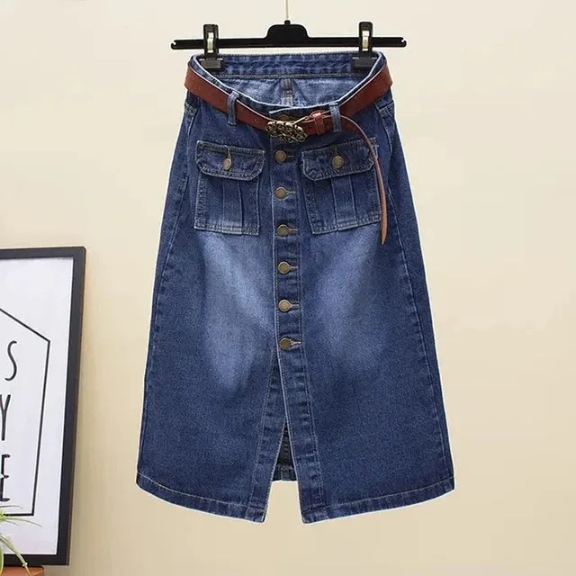 Cotton Denim High Waist With Belt A-Line Women Skirt