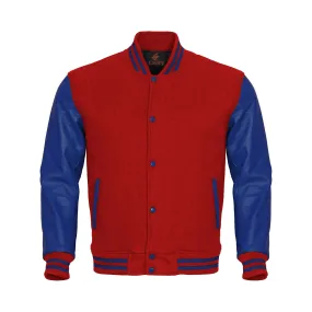 Custom Varsity Jackets Red Body and Blue Leather Sleeves Varsity Jacket