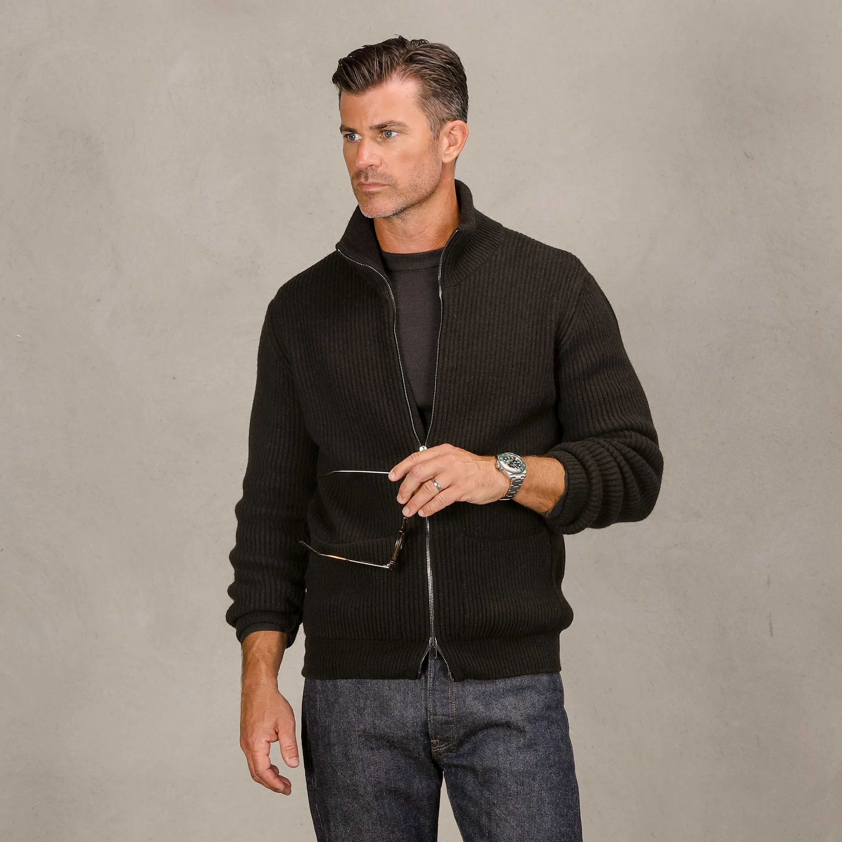 Dark Brown Wool Cashmere Zip Jacket