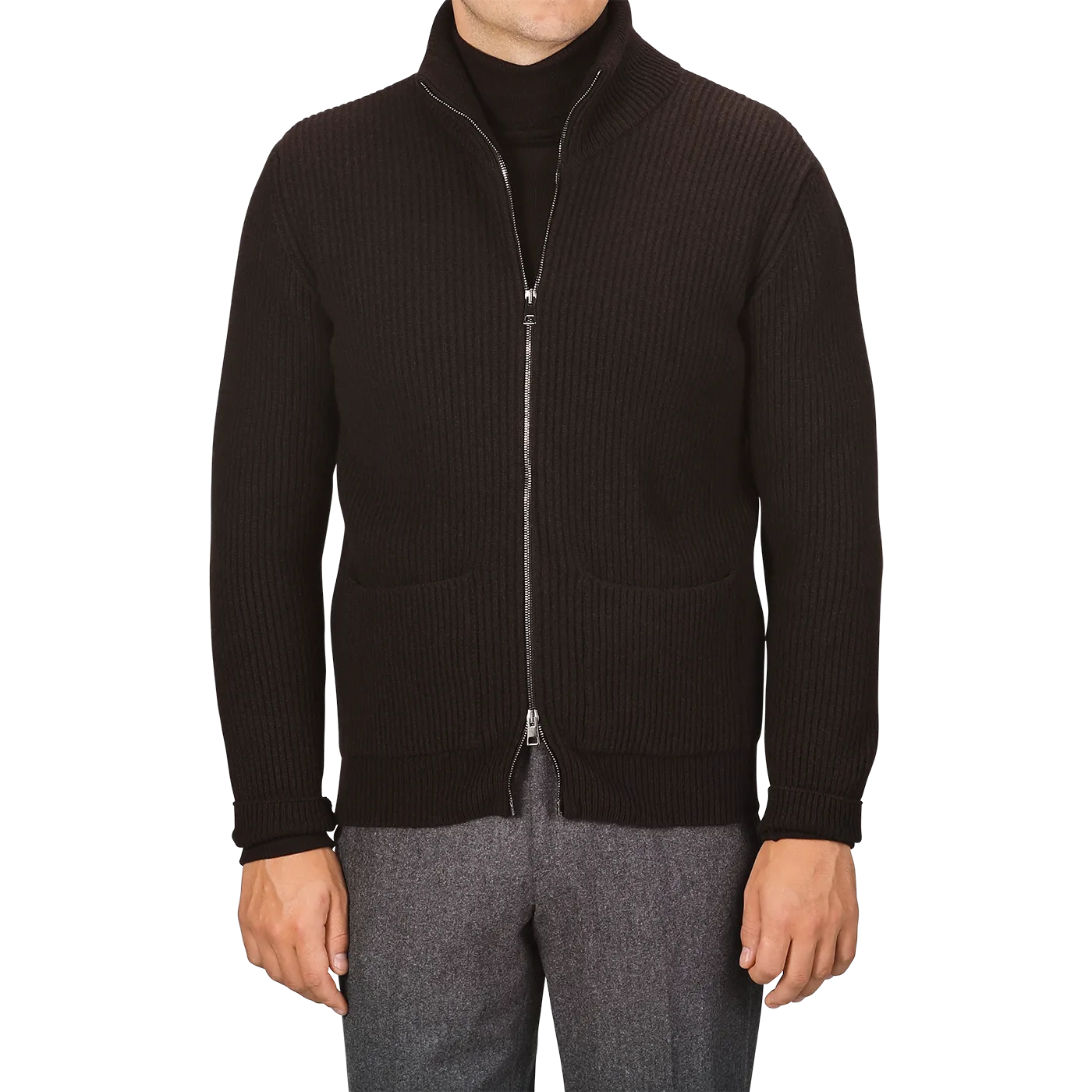 Dark Brown Wool Cashmere Zip Jacket