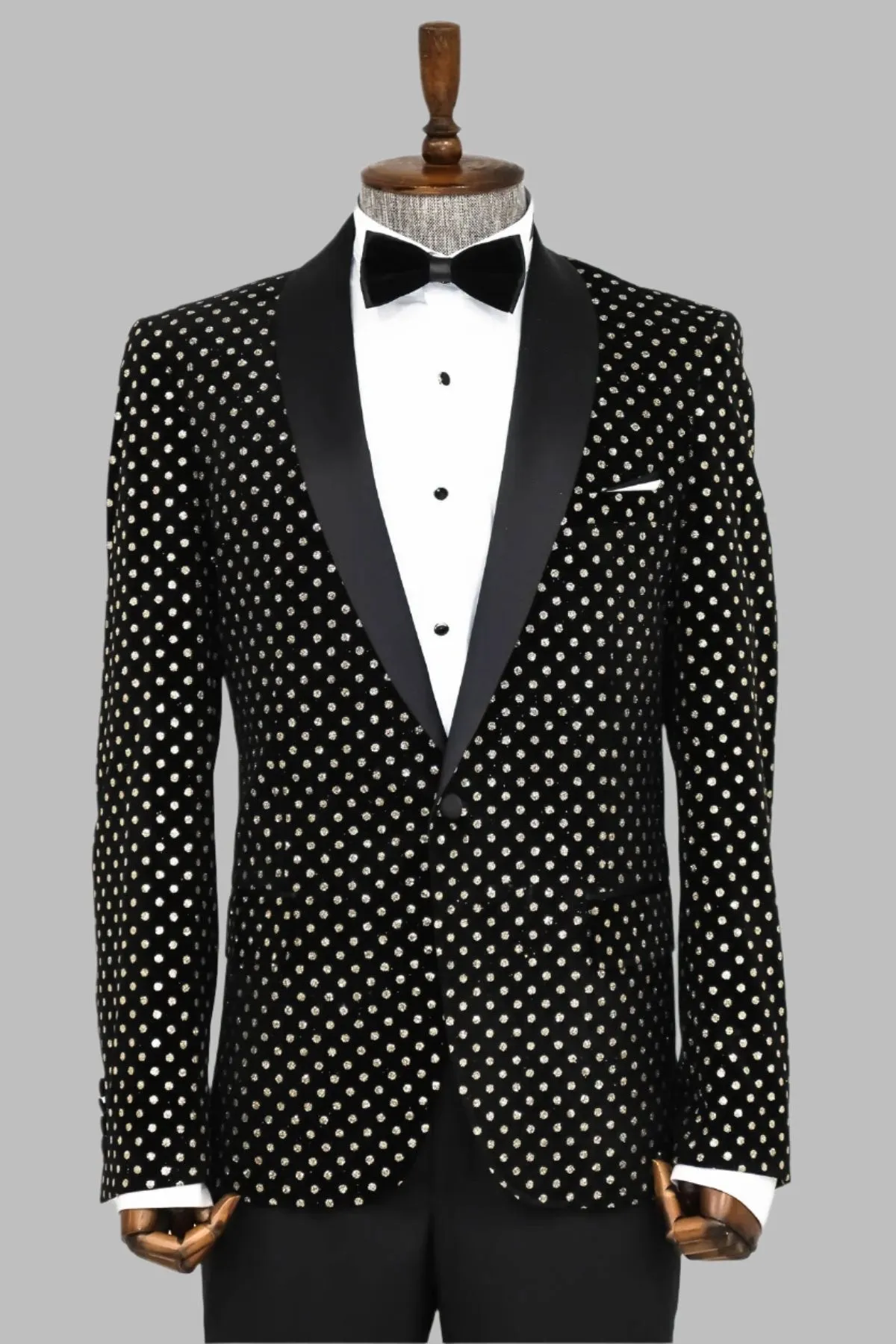 Dot Patterned Slim Fit Black Men Evening Dinner Blazer - Wessi