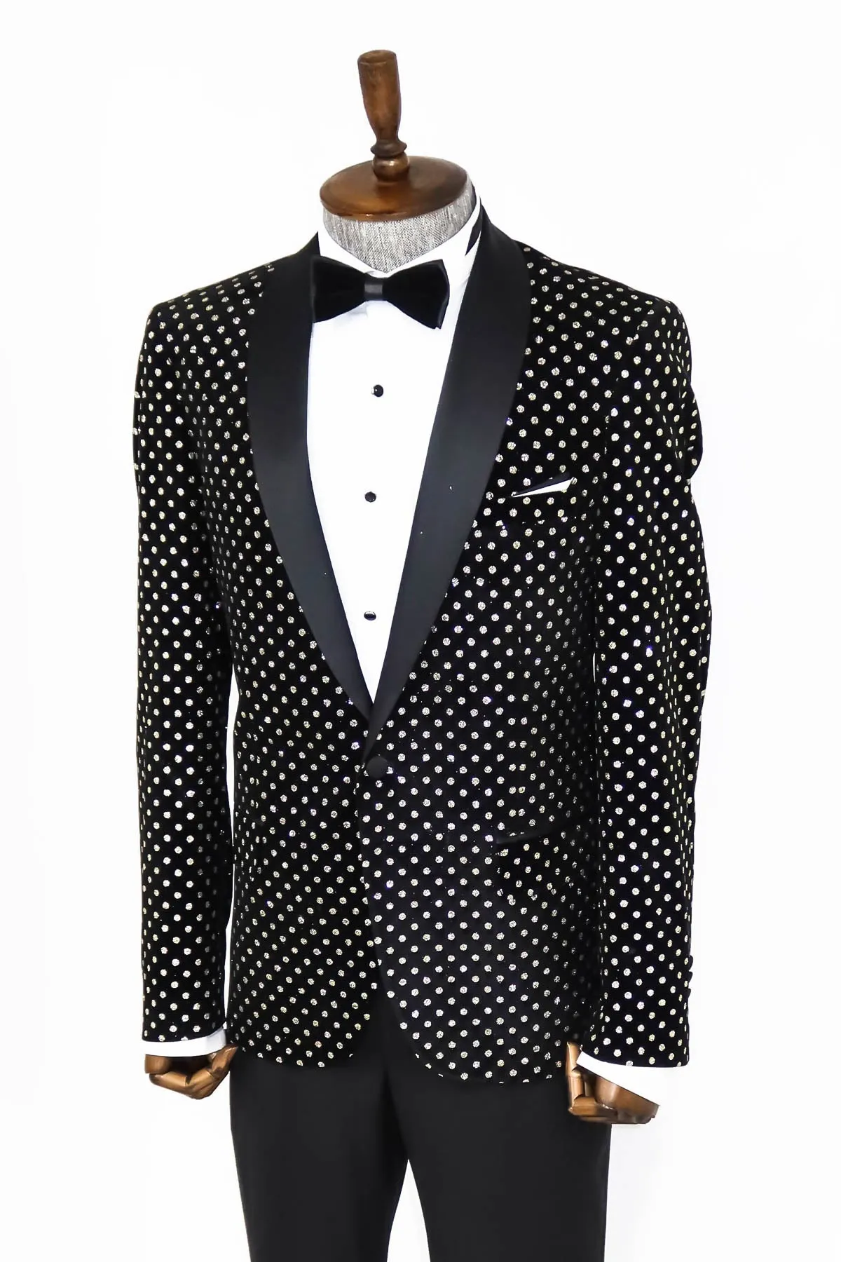 Dot Patterned Slim Fit Black Men Evening Dinner Blazer - Wessi