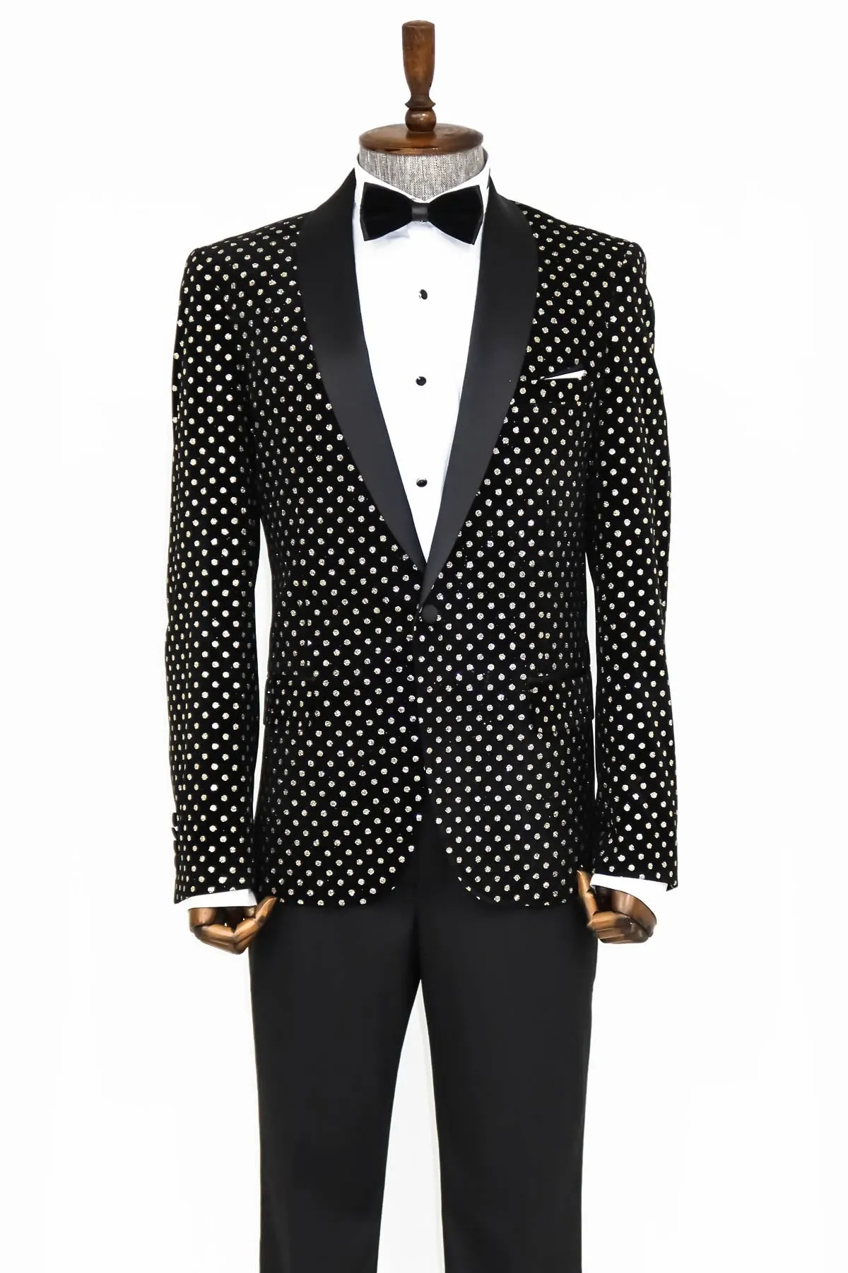 Dot Patterned Slim Fit Black Men Evening Dinner Blazer - Wessi