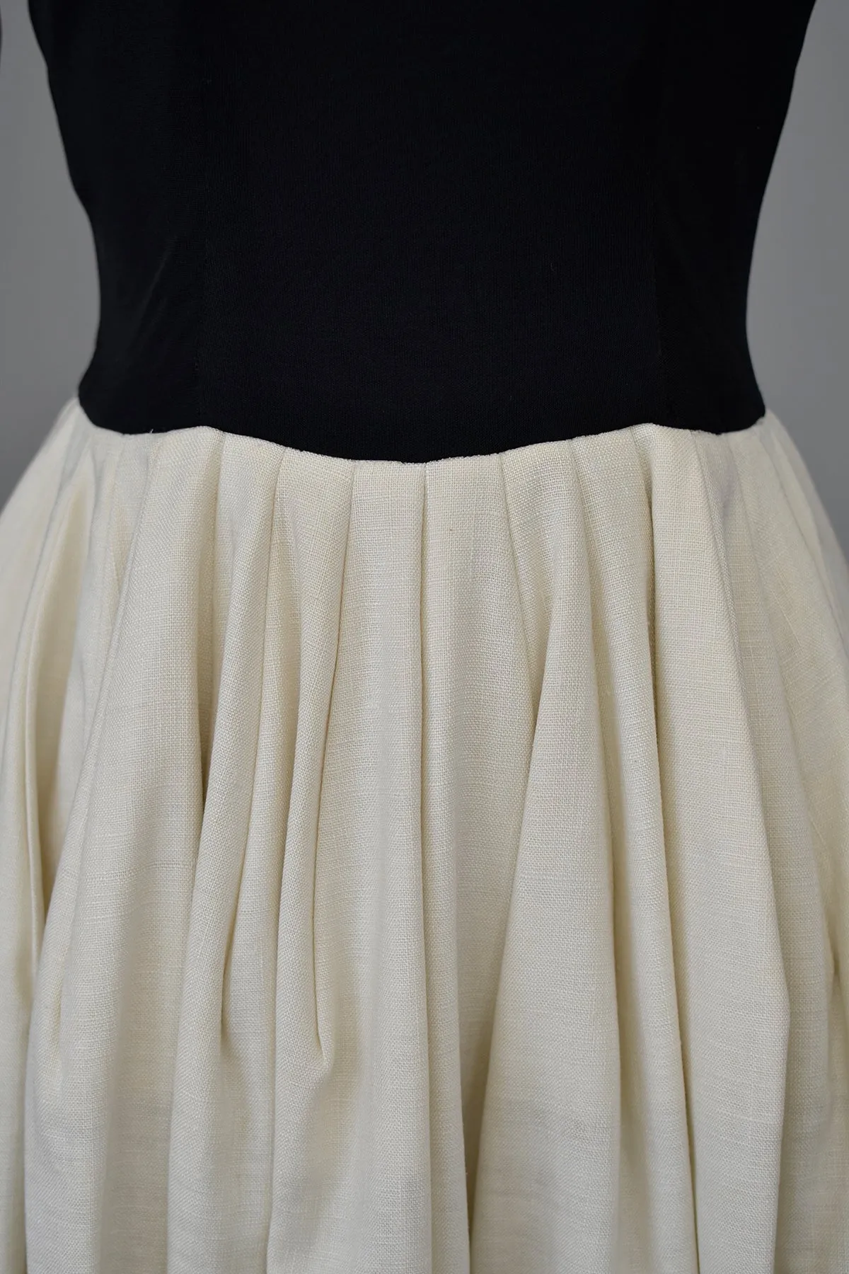 Early 1950s Black and Cream Egyptian Beaded Neckline Cocktail Party Dress | Jersey Bodice, Full Skirt | Bonwit Teller | XXS