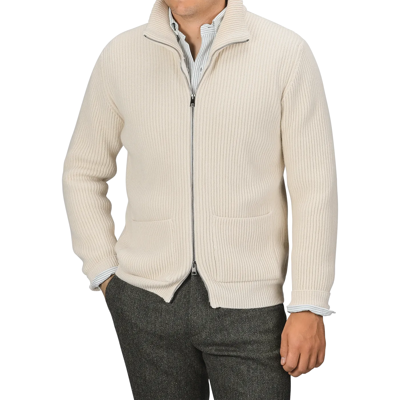 Ecru Beige Wool Cashmere Knitted Jacket