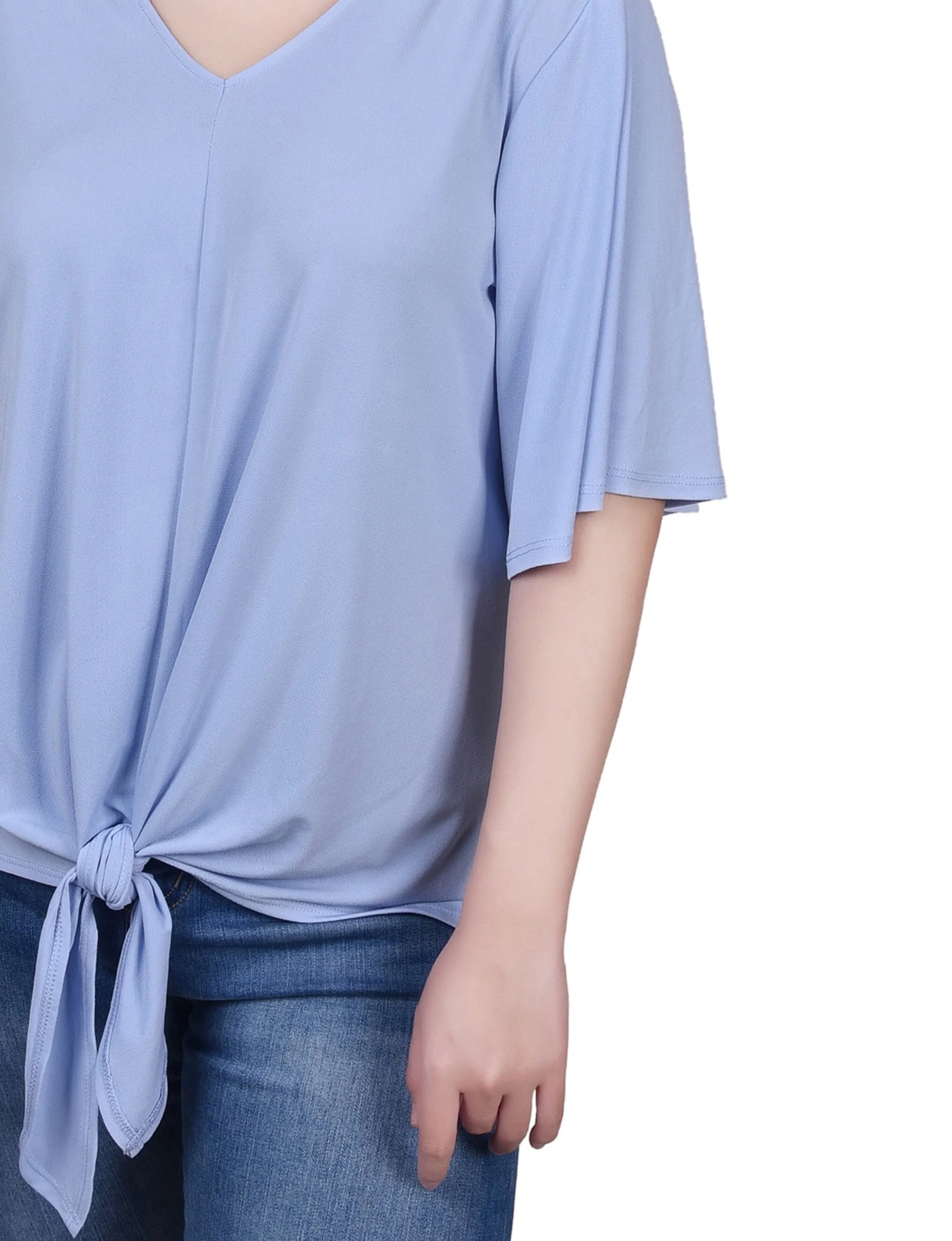 Elbow Sleeve Tie-Front Top