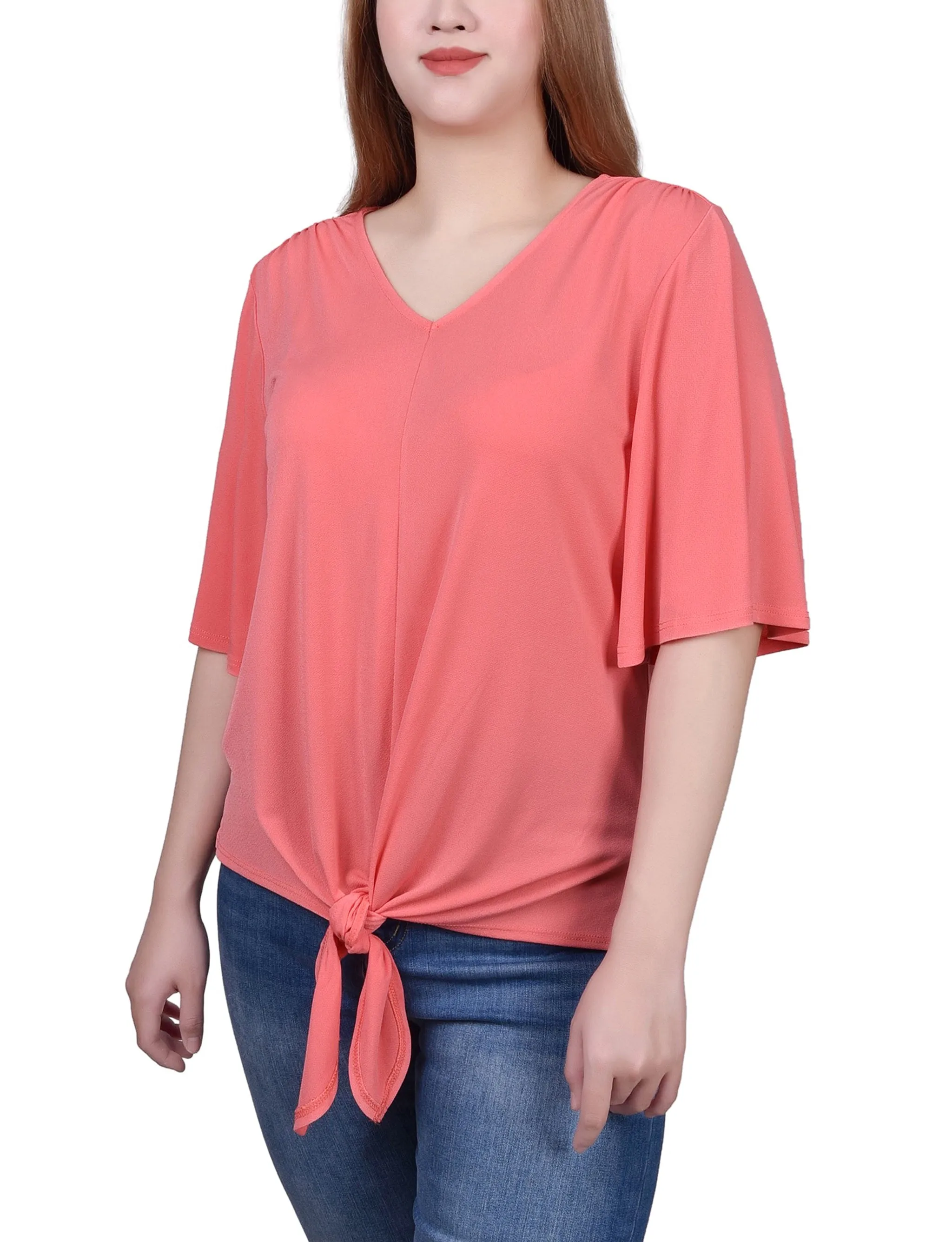 Elbow Sleeve Tie-Front Top