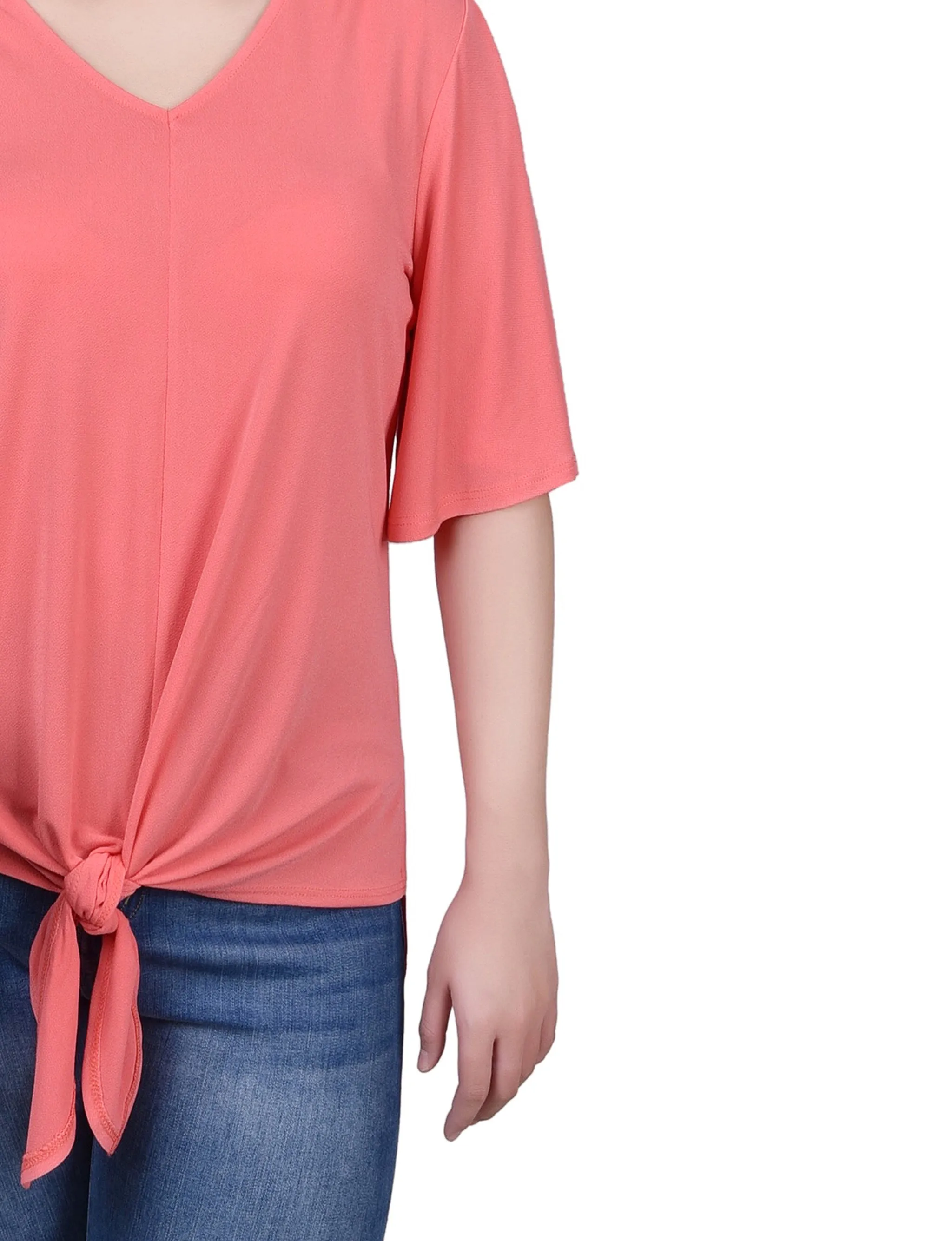 Elbow Sleeve Tie-Front Top