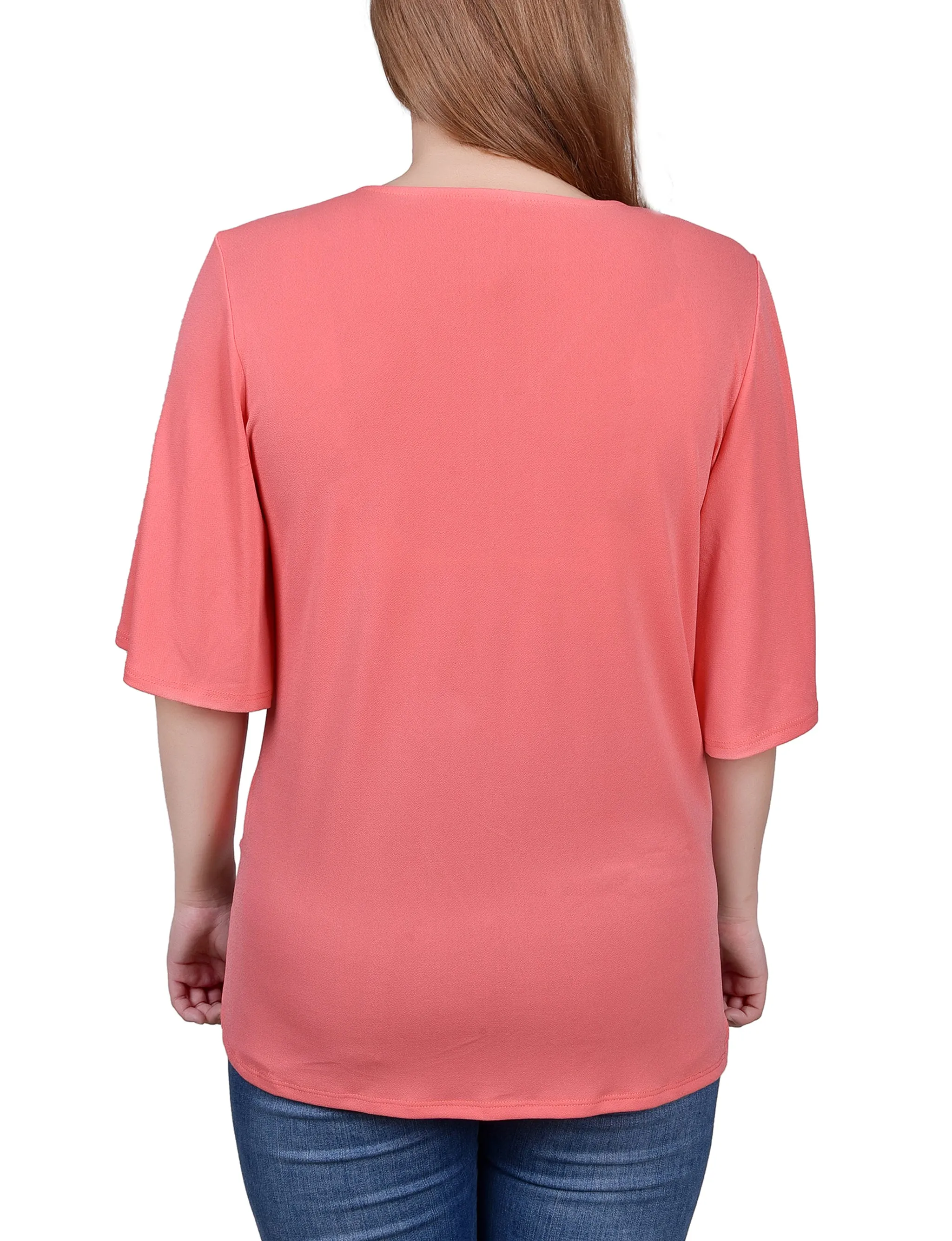 Elbow Sleeve Tie-Front Top