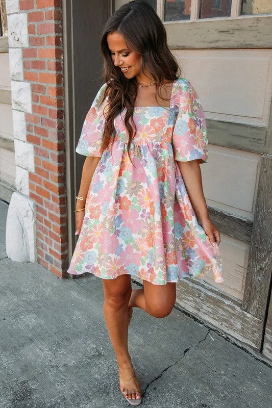 Floral Orange Square Neck Puff Sleeve Babydoll Dress