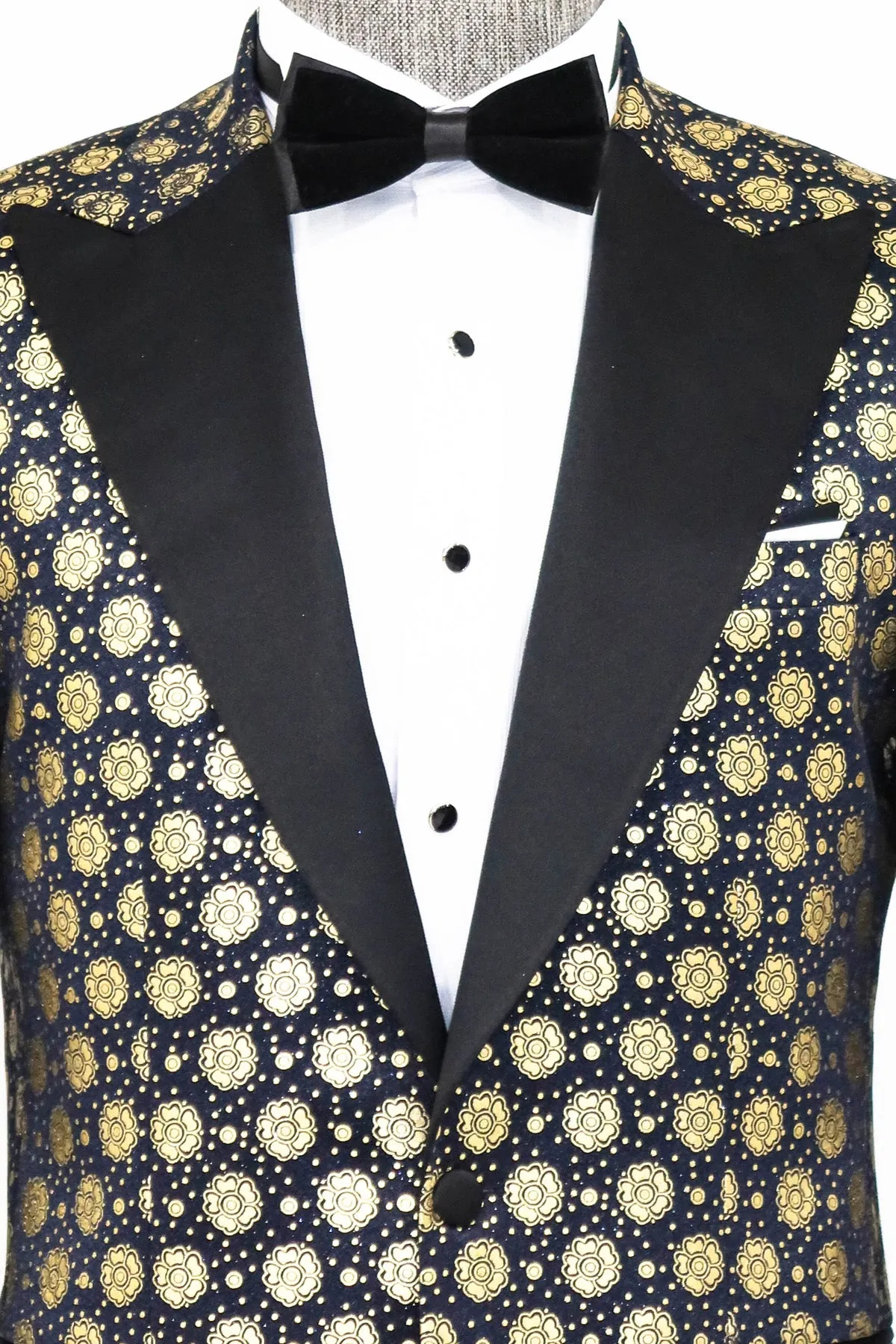 Floral Patterned Peak Lapel  Navy Blue with Gold Embellished Dinner Jacket - Wessi