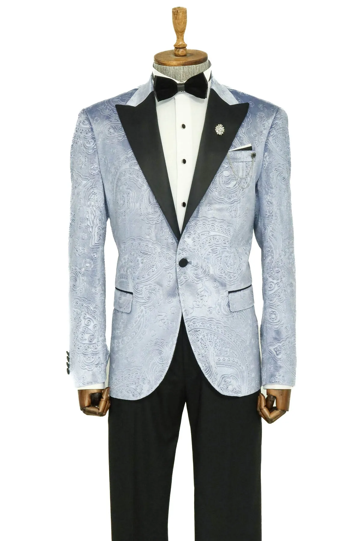 Floral Patterned Velvet Blue Men Wedding Grooms Blazer - Wessi