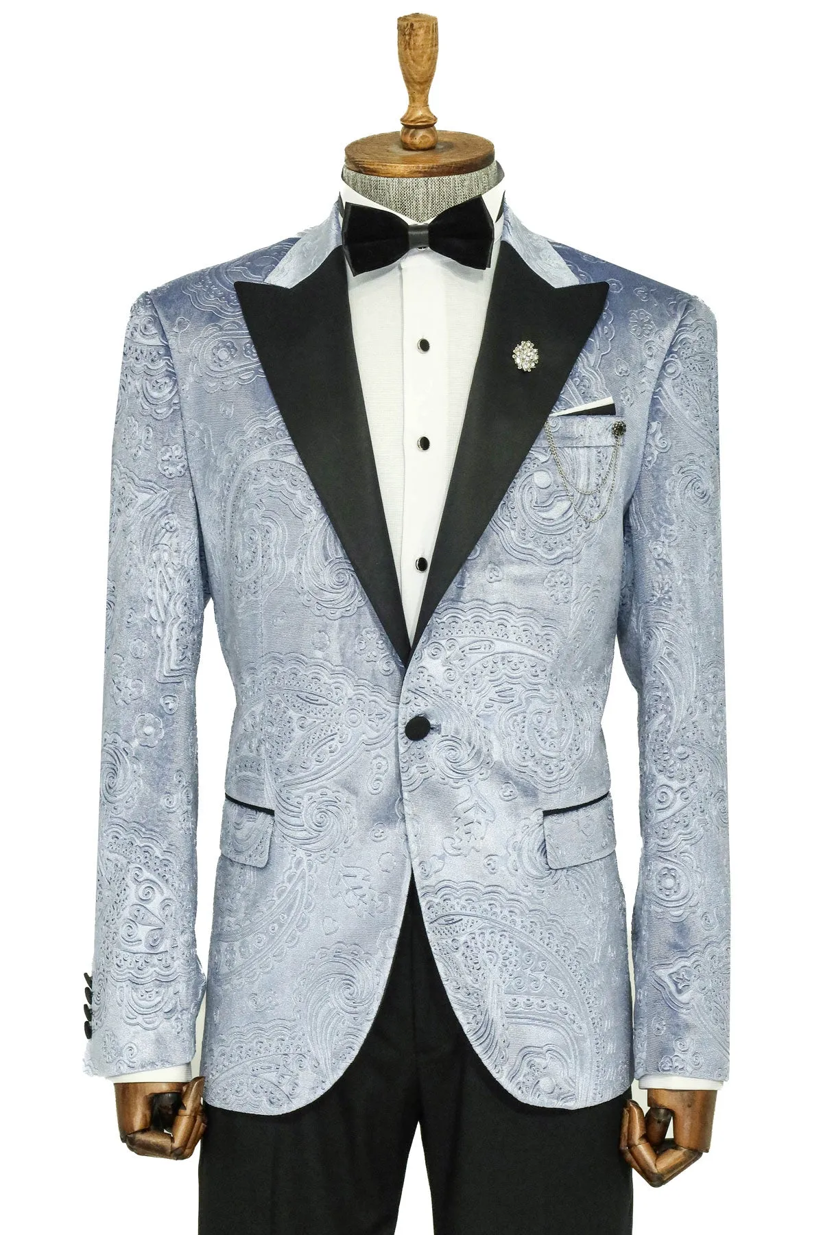 Floral Patterned Velvet Blue Men Wedding Grooms Blazer - Wessi