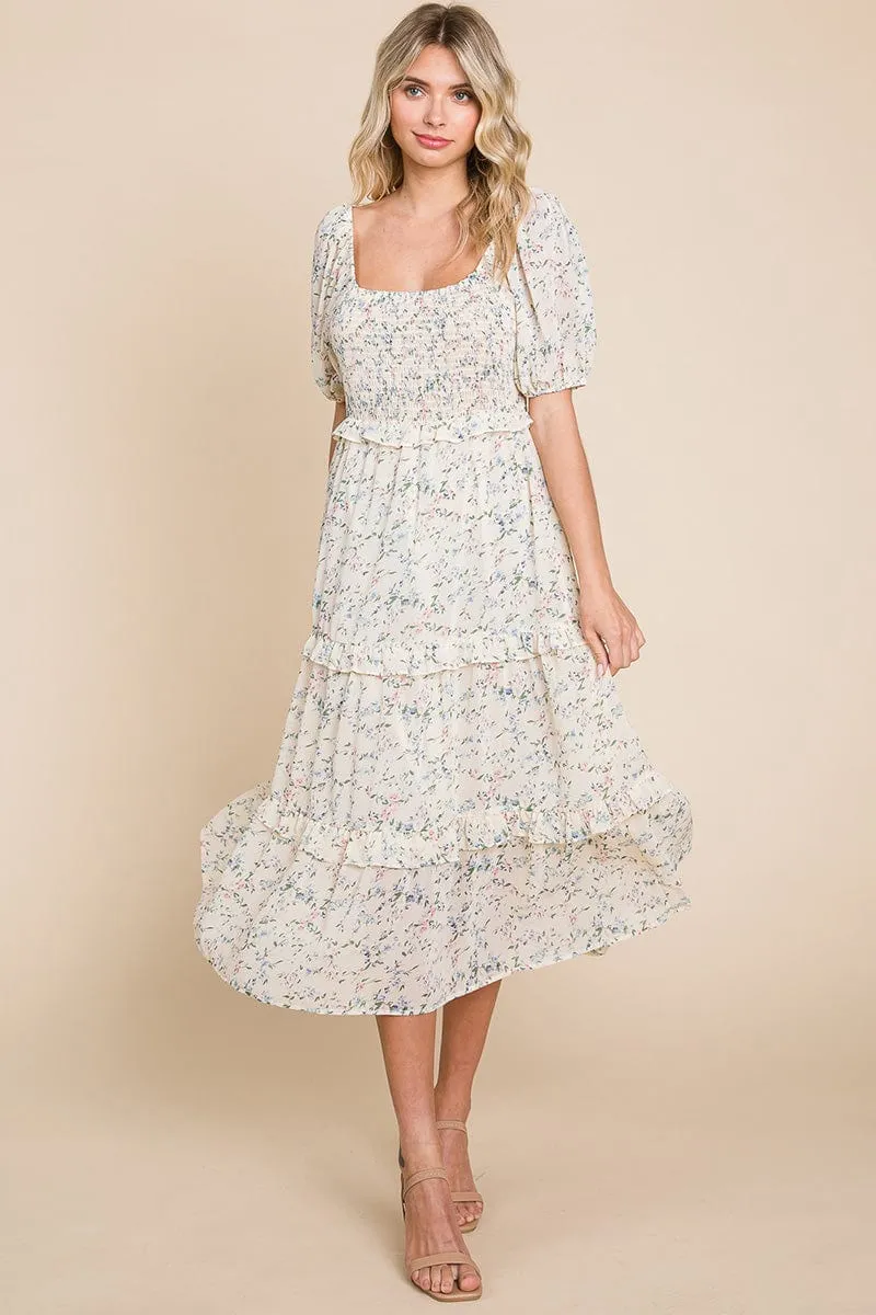 Floral Smocked Tiered Babydoll Midi Dress