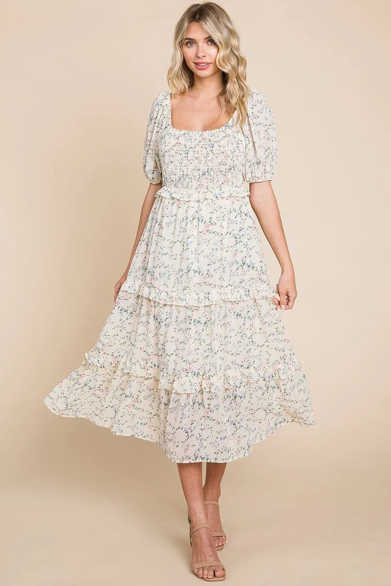 Floral Smocked Tiered Babydoll Midi Dress