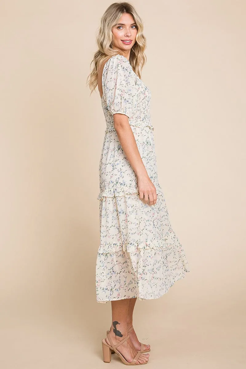 Floral Smocked Tiered Babydoll Midi Dress