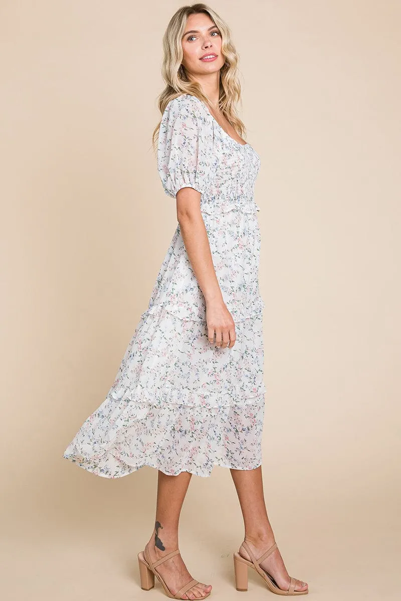 Floral Smocked Tiered Babydoll Midi Dress