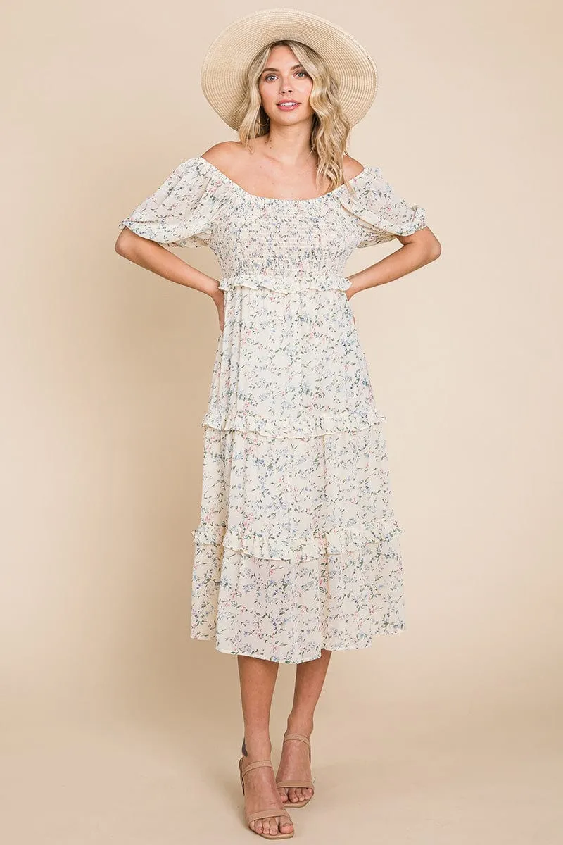 Floral Smocked Tiered Babydoll Midi Dress