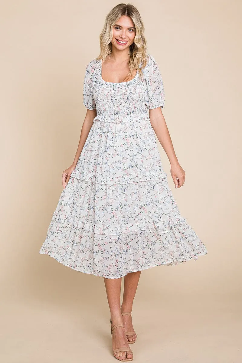 Floral Smocked Tiered Babydoll Midi Dress