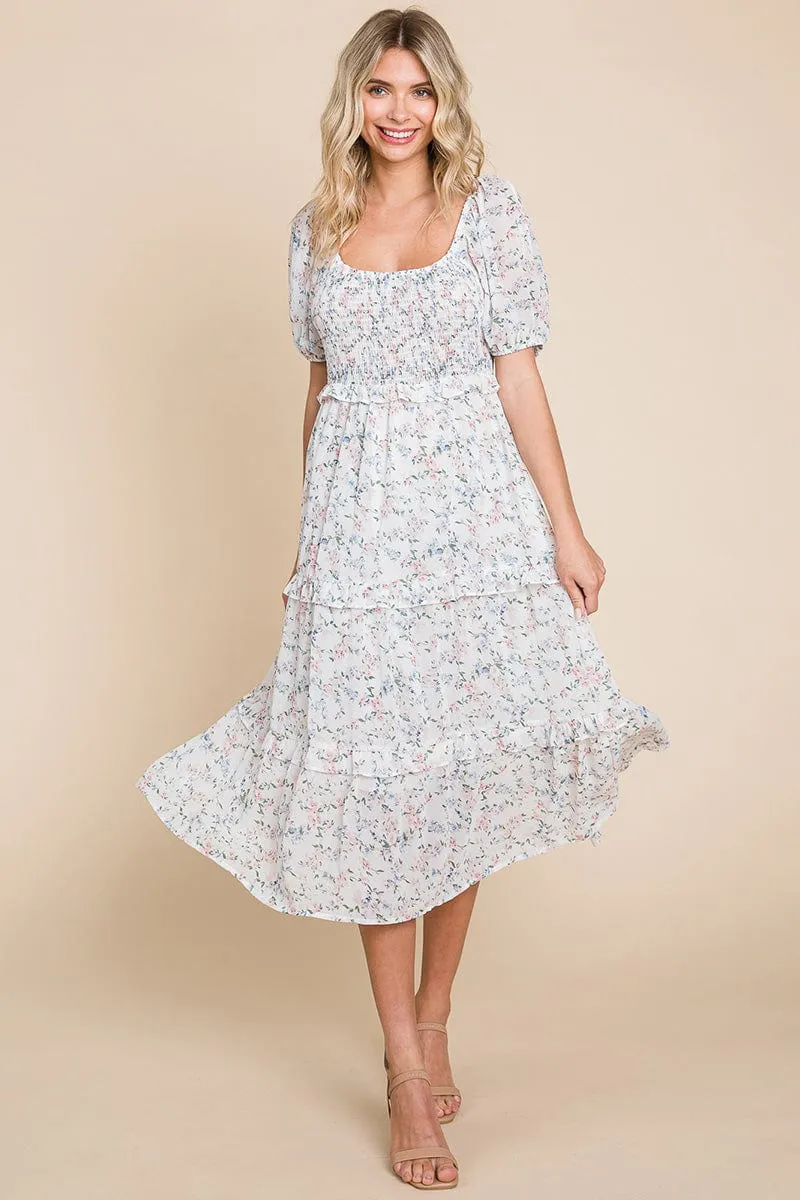 Floral Smocked Tiered Babydoll Midi Dress